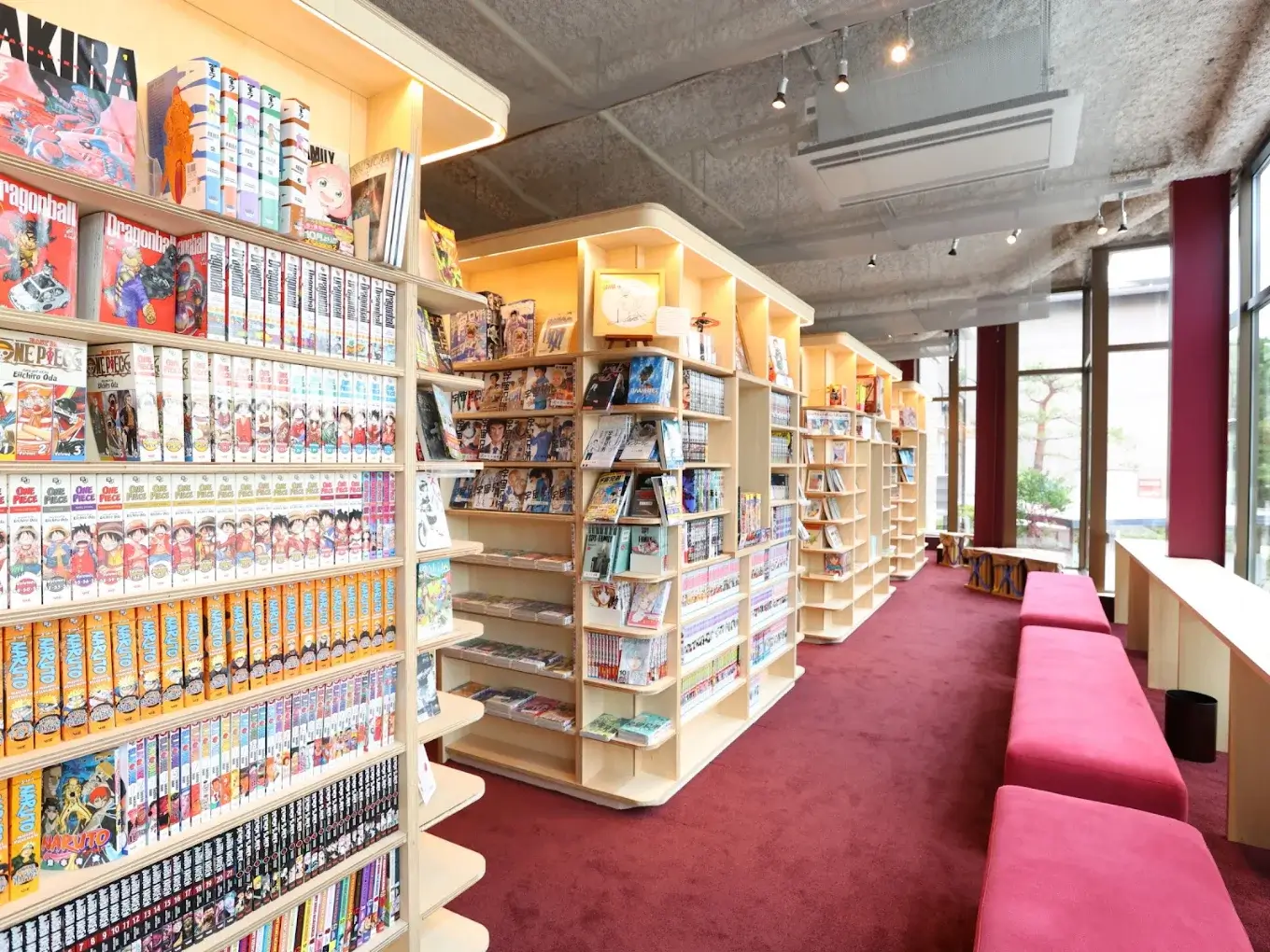 Bright manga bookstore interior with tall wooden shelves filled with colorful comic volumes, red carpet, and pink cushioned benches along the window wall.
