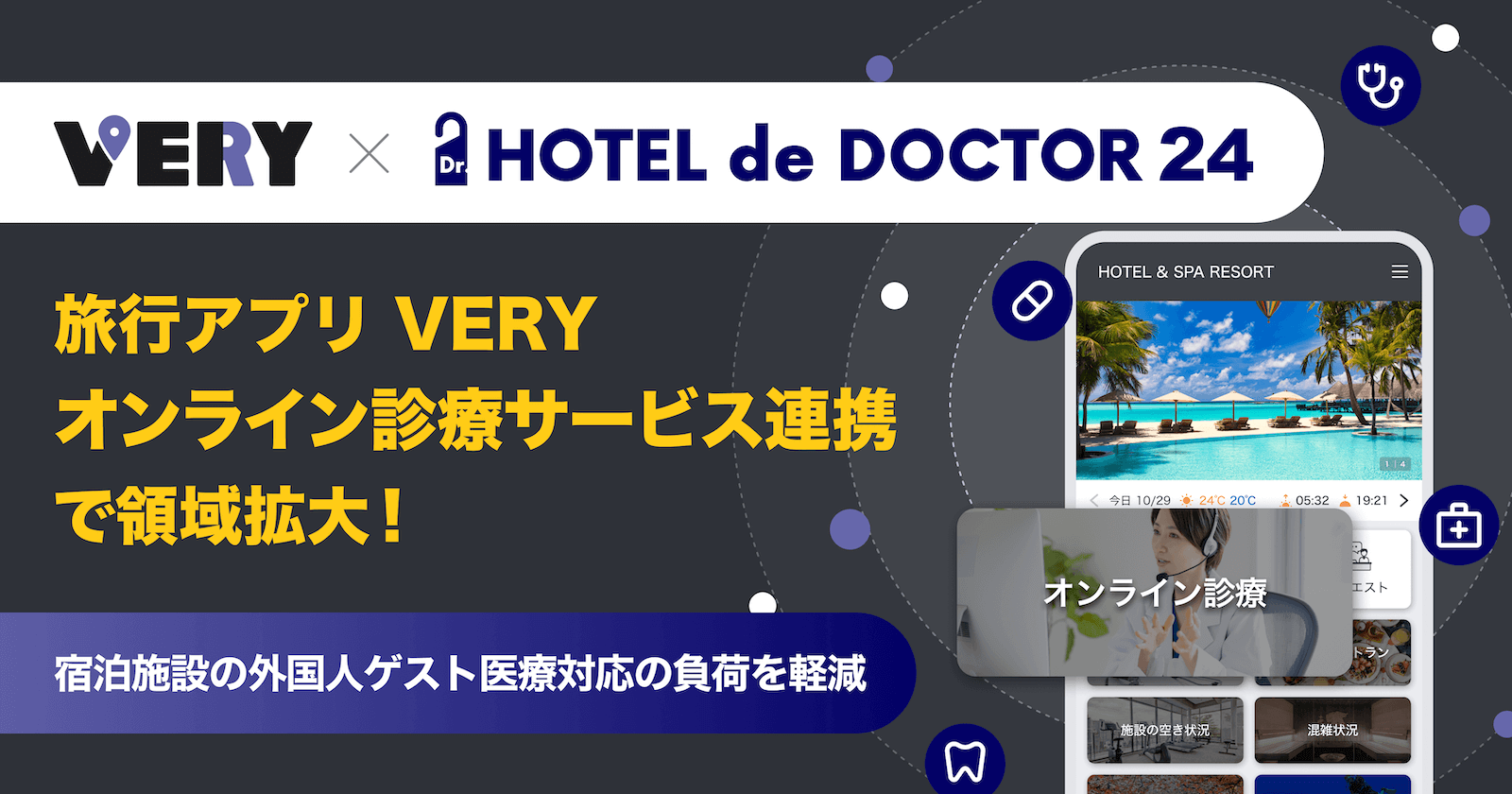 旅行アプリ「VERY」、オンライン診療サービス連携で領域拡大！宿泊施設の外国人ゲスト医療対応の負荷を軽減する「HOTEL de DOCTOR 24」と連携開始