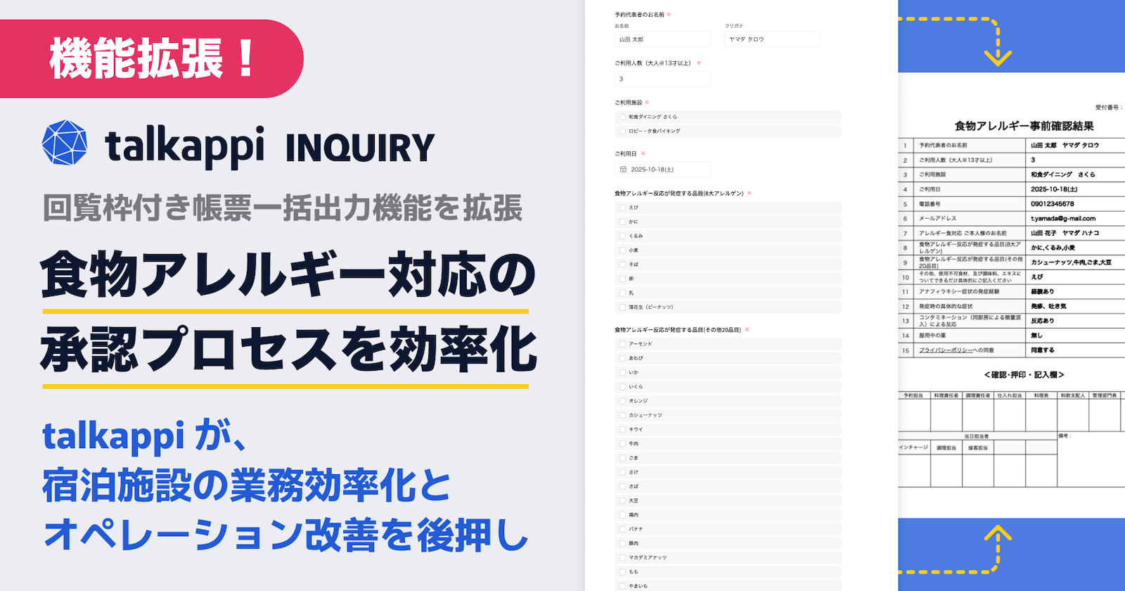 食物アレルギー対応の承認プロセスを効率化する「回覧枠付き帳票一括出力機能」を提供開始　〜talkappiが宿泊施設の業務効率化とオペレーション改善を後押し〜